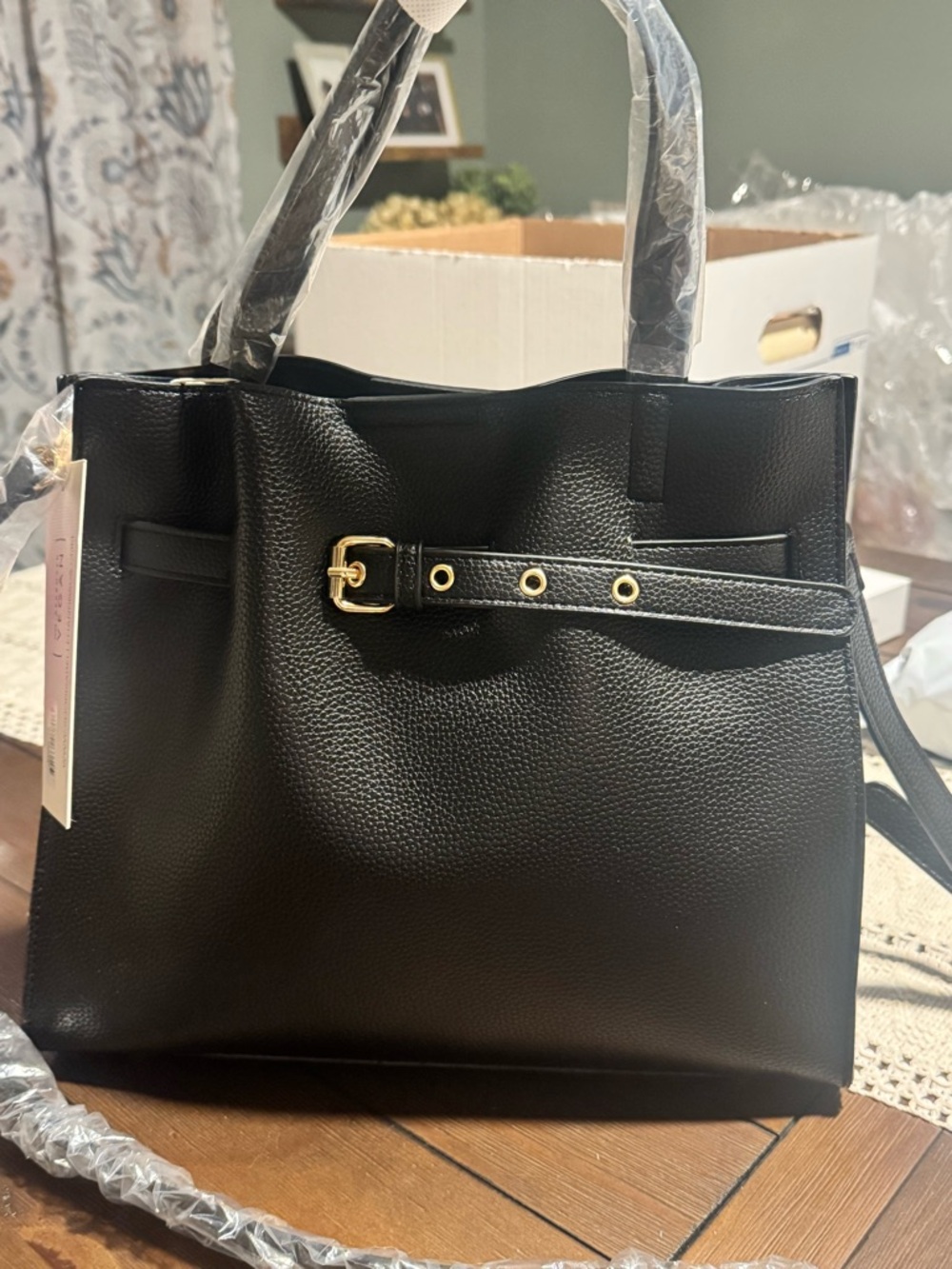 Ello Tova Black Vegan Leather Textured Tote with Buckle Detail -